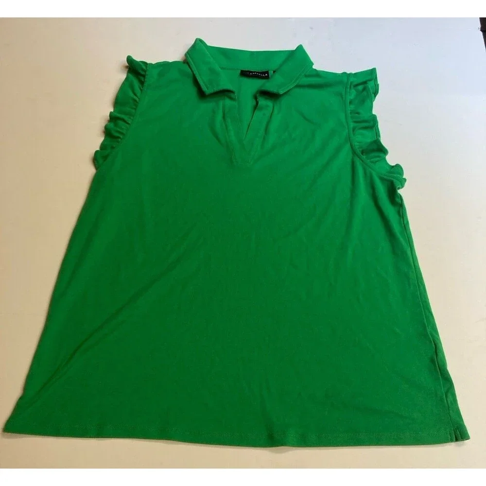 Rafaella Women's Green Solid Collared Knit Cotton Ruffle Polo Top XXL Regular